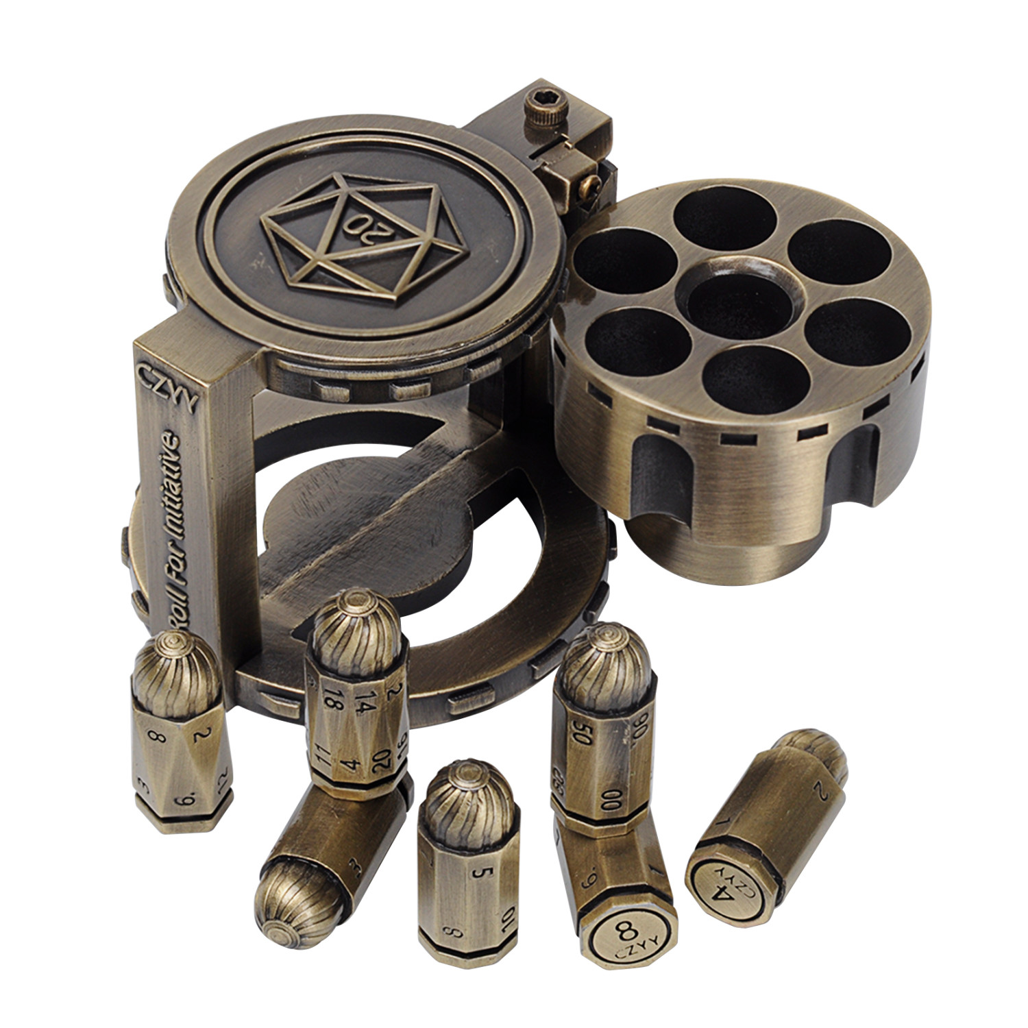 Metal Polyhedral Bullet Dice Set of 7 with Spinning Revolver Cylinder