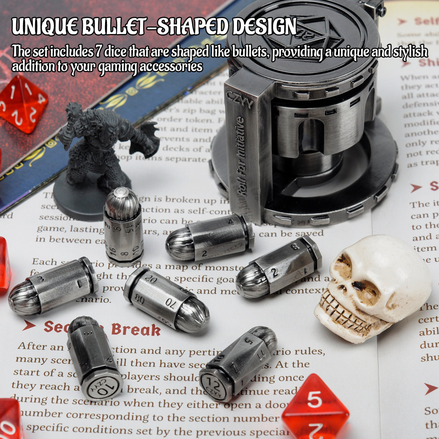 Metal Polyhedral Bullet Dice Set of 7 with Spinning Revolver Cylinder