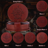 CZYY DND Coaster Set, Set of 6 Faux Leather Coasters with Storage Holder, Embossed with Dragon, Beholder, Mimic, Cthulhu, D20 & Dungeon Master, DND Inspired Gift for DM & Gamer