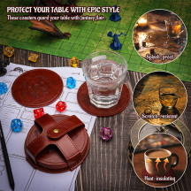 CZYY DND Coaster Set, Set of 6 Faux Leather Coasters with Storage Holder, Embossed with Dragon, Beholder, Mimic, Cthulhu, D20 & Dungeon Master, DND Inspired Gift for DM & Gamer
