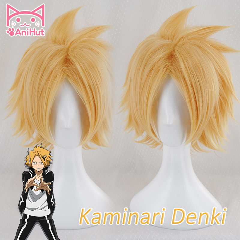 LZT Short Golden Anime Cosplay Wig for My Hero Academia Denki Kaminari Synthetic Wig with Free Wig Cap