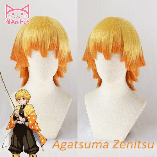 AniHut Agatsuma Zenitsu Wig Kimetsu no Yaiba Demon Slayer Cosplay 25cm Yellow Synthetic Heat Resistant Hair Agatsuma Zenitsu Cosplay