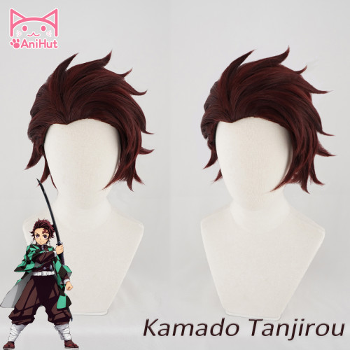 AniHut Kamado Tanjirou Wig Kimetsu no Yaiba Demon Slayer Cosplay 28cm dark red Hair Synthetic Heat Resistant Hair Kamado Tanjirou Cosplay