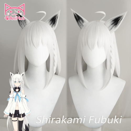 AniHut Youtuber Hololive Shirakami Fubuki White Straight Cos Wig Heat Resistant Synthetic Cosplay Hair Vtuber Fox Cosplay Wig