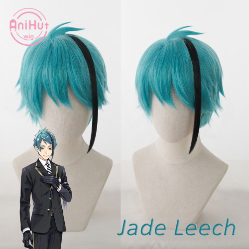 AniHut Jade Leech Cosplay Wig Game Twisted Wonderland Cosplay Blue Green Heat Resistant Synthetic Hair Jade Leech Cosplay