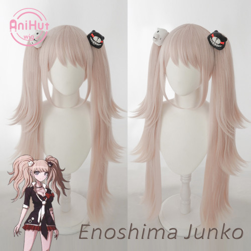 AniHut Enoshima Junko Wig Danganronpa Cosplay Synthetic Heat Resistant Women Pink BunchesHair with bear hairpin Enoshima Junko