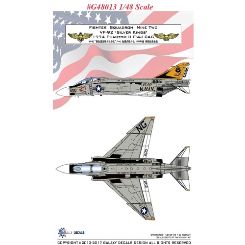 GALAXY Model G48013 G72013 1/48 /172 Scale F-4J VF-92 Silver Kings 1974 Decal for Academy Model