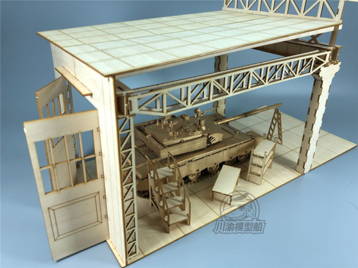 1/35 Scale Tank Factory Garage Repair Shop Scene DIY Wooden Assembly Model New Version