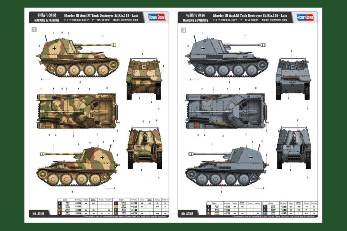 HobbyBoss 80168 1/35 Scale Marder III Ausf.M Tank Destroyer Sd.Kfz.138 - Late Military Assembly Model Kit