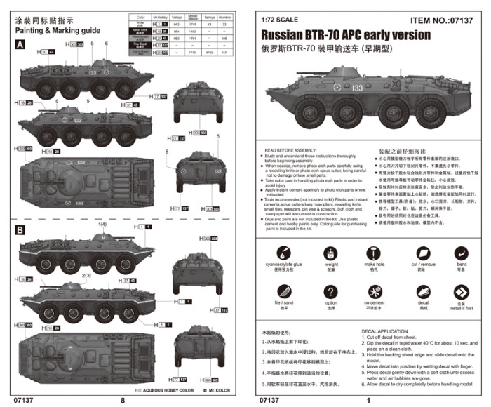 Trumpeter 07137 1/72 Scale Russian BTR-70 APC Early Version Military Plastic Assembly Model Kits