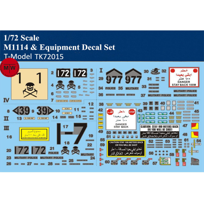 T-Model TK72015 1/72 Scale US M1114 & Equipment Model Decal Set