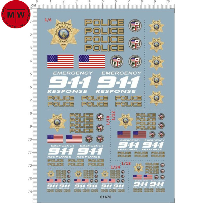 1/6 1/10 1/12 1/18 1/24 Scale 911 US Police Decal for Motor Motorcycle Model 61670