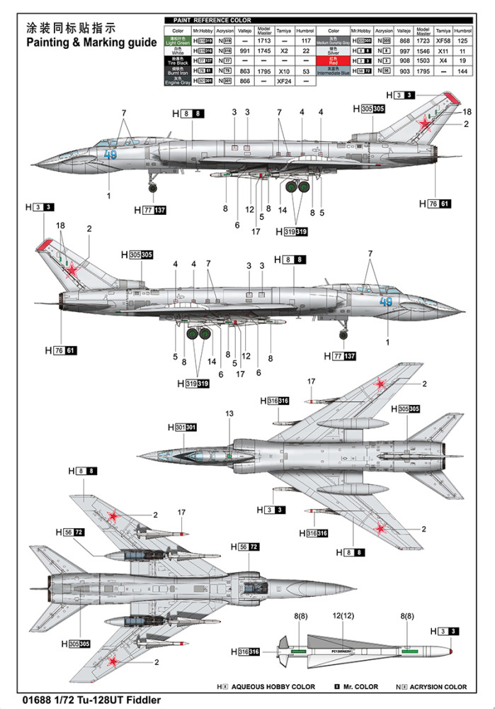 Trumpeter 01688 1/72 Scale Tu-128UT Fiddler Military Plastic Aircraft Assembly Model Kits