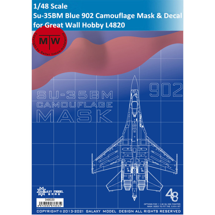 Galaxy D48020 1/48 Scale Sukhoi Su-35BM Blue 902 Camouflage Flexible Mask & Decal for Great Wall Hobby L4820 Model