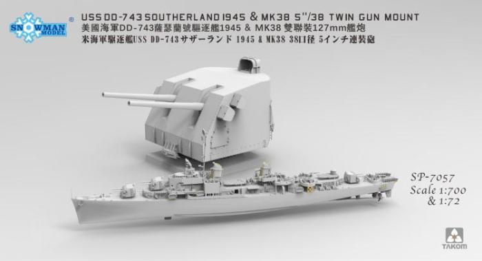 Snowman SP-7057 1/700 Scale Gearing Class DD-743 Southerland 1945 w 1/72 MK.38 Gun Mount Assembly Model Kit