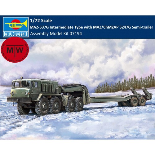 Trumpeter 07194 1/72 Scale MAZ-537G Intermediate Type with MAZ/ChMZAP 5247G Semi-trailer Military Plastic Assembly Model Kit
