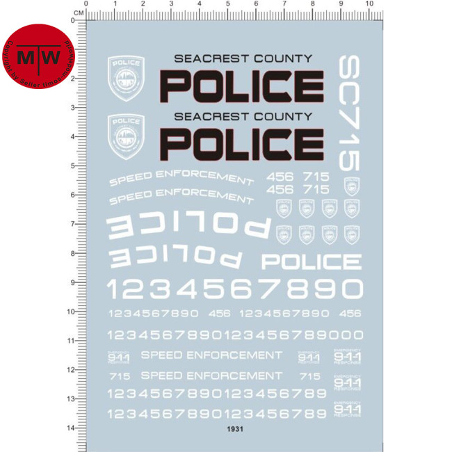 1/18 Scale Decals Seacrest County SCPD POLICE 911 for Car Model 1931