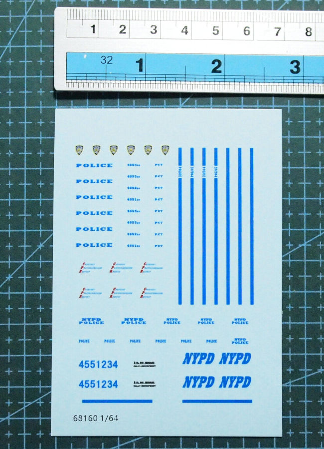 1/64 Scale Decals 911 Police NYPD for Model Car Kits 68160