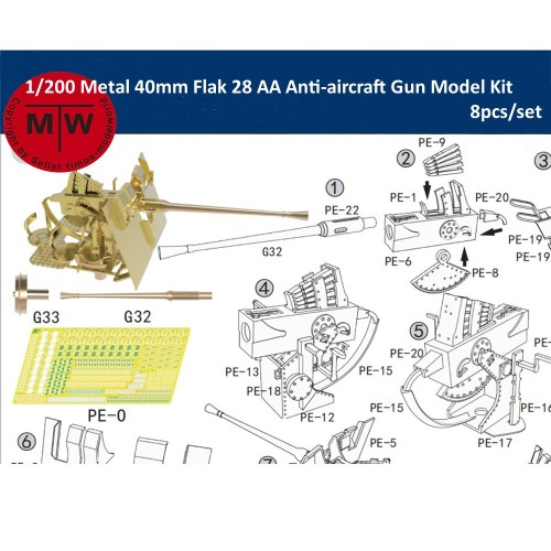1/200 Scale Metal 40mm Flak 28 AA Anti-aircraft Gun Model Kit CYG114 8pcs/set