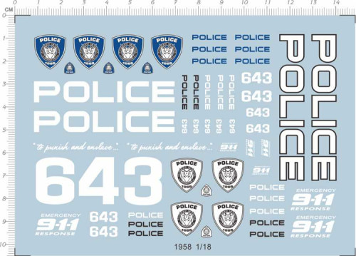 1/18 Scale Water Slide Decals Transformers Police 911 643 1958