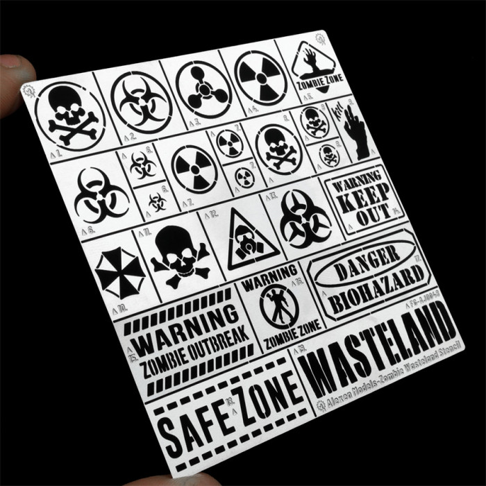 Alexen Wasteland/Zombie/Biohazard Warning Leakage Spray Stencil Template Model Tools AJ0048