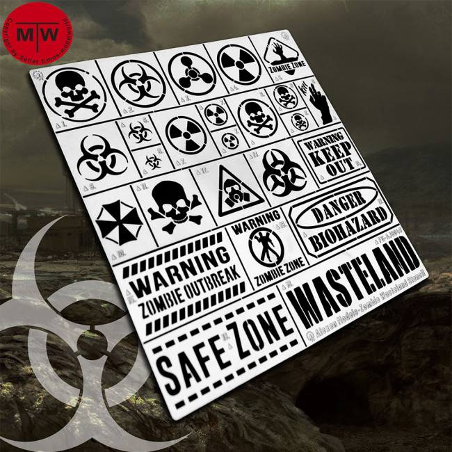 Alexen Wasteland/Zombie/Biohazard Warning Leakage Spray Stencil Template Model Tools AJ0048