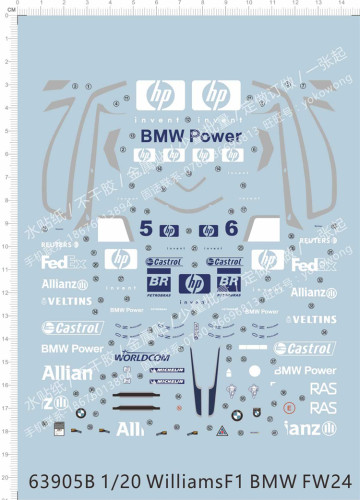 1/20 Scale Decals for Williams F1 BMW FW24 Car Model Kits 63905B