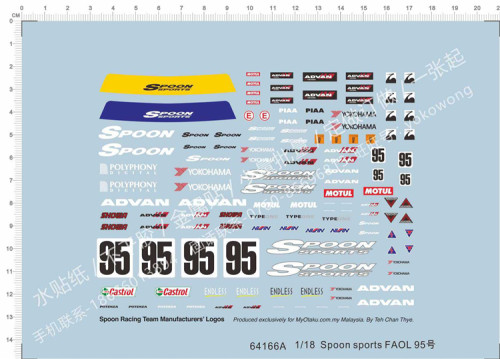 1/18 Scale Spoon 95 Racing Car Logos Marking 95 Model Kits Decals 64166A