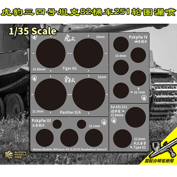 Alexen AJ0152 1/35 Scale Tiger/Pzkpfw III/IV Tank Roadwheel Leakage Spray Stenciling Template Tools