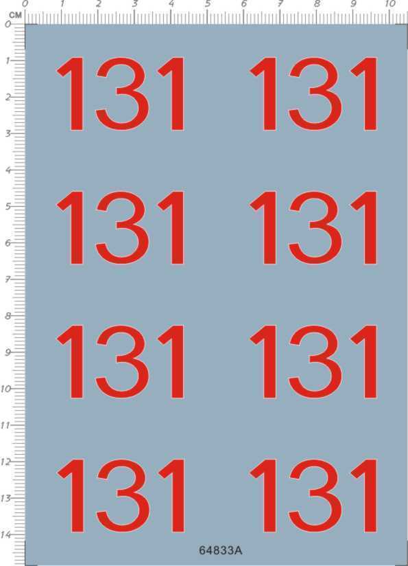 Red Number 131 Decals for 1/16 Scale WWII Tiger Tank Model Kit 64833A