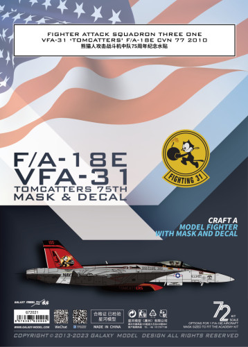 Galaxy G72021 1/72 Scale F/A-18E VFA-31 Tomcatters 75th Mask & Decal for Academy Model Kit