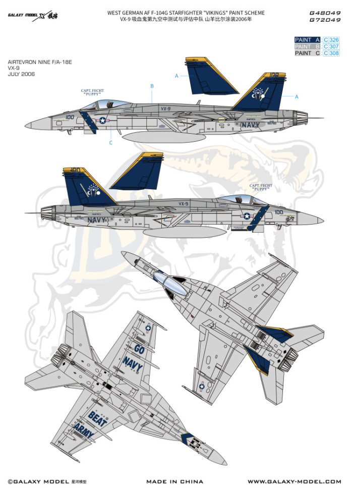 Galaxy G48049 G72049 1/48 1/72 Scale F/A-18E VX-9 Bill The Goat 2006 Decal for Aircraft Model Kit