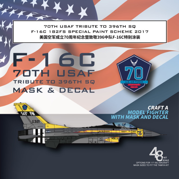 Galaxy D48084 1/48 Scale F-16C 70th USAF Tribute to 396th SQ 182FS Special Paint Decal & Mask for Tamiya 61106 Model