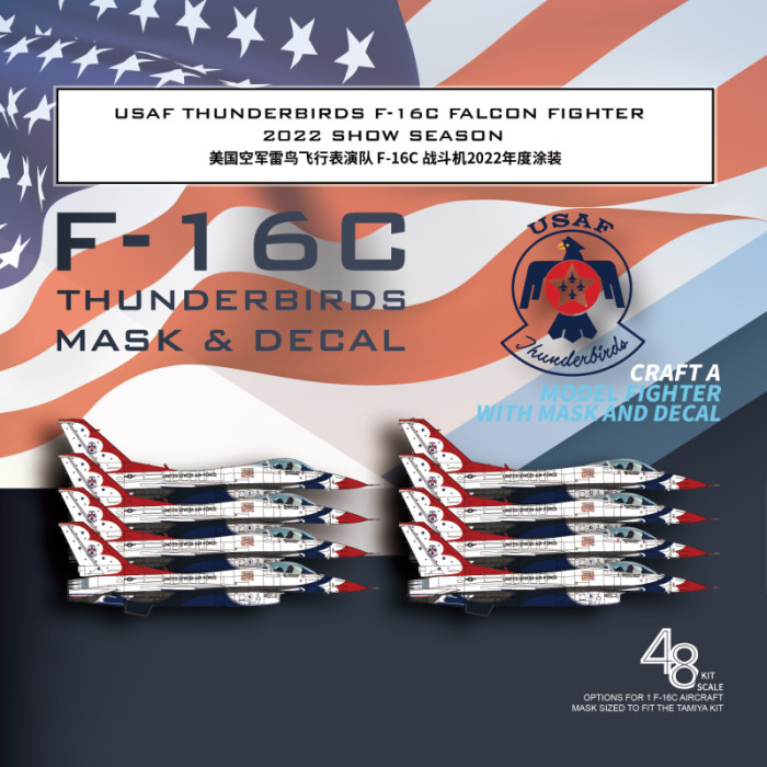 Galaxy D48079 1/48 Scale USAF F-16C Thunderbirds Falcon Fighter 2022 Show Mask & Decal for Tamiya 61106 Model