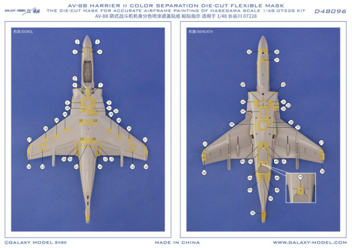 Galaxy D48096 1/48 Scale AV-8B Harrier II Color Separation Die-cut Flexible Mask for Hasegawa 07228 Model Kit