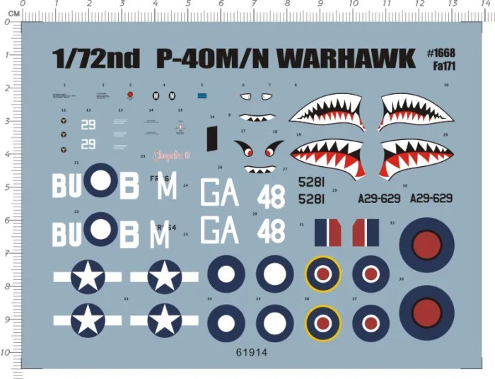 1/72 Scale Curtiss P-40M/N Warhawk Model Kit Decals 61914