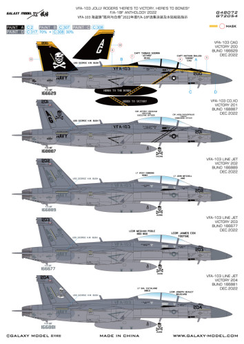 Galaxy G72054 1/72 Scale F/A-18F VFA-103 Jolly Rogers 2022 Anthology Mask & Decals for Academy 12567/12535/12577 Model Kit