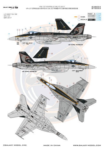 Galaxy G48034/G72033 1/48 1/72 Scale F/A-18E VFA-137 Kestrels CVN-70 2017 Mask & Decal for Meng/Academy Model Kit