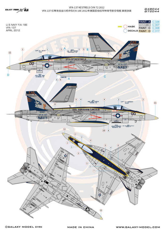 Galaxy G48044/G72044 1/48 1/72 Scale F/A-18E VFA-137 Kestrels CVN 72 2012 Mask & Decal for Meng/Academy Model Kit