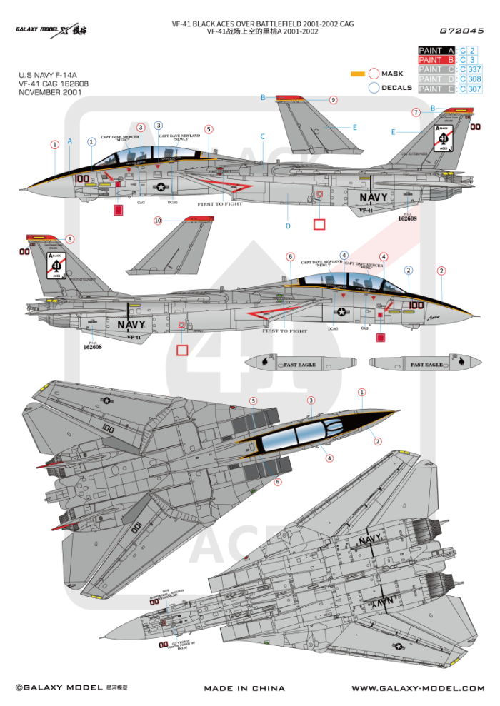 Galaxy G48045/G72045 1/48 1/72 F-14A VF-41 Black Aces Over Battlefield 2001-2002 CAG Decal & Mask for Tamiya/Great Wall Hobby Model