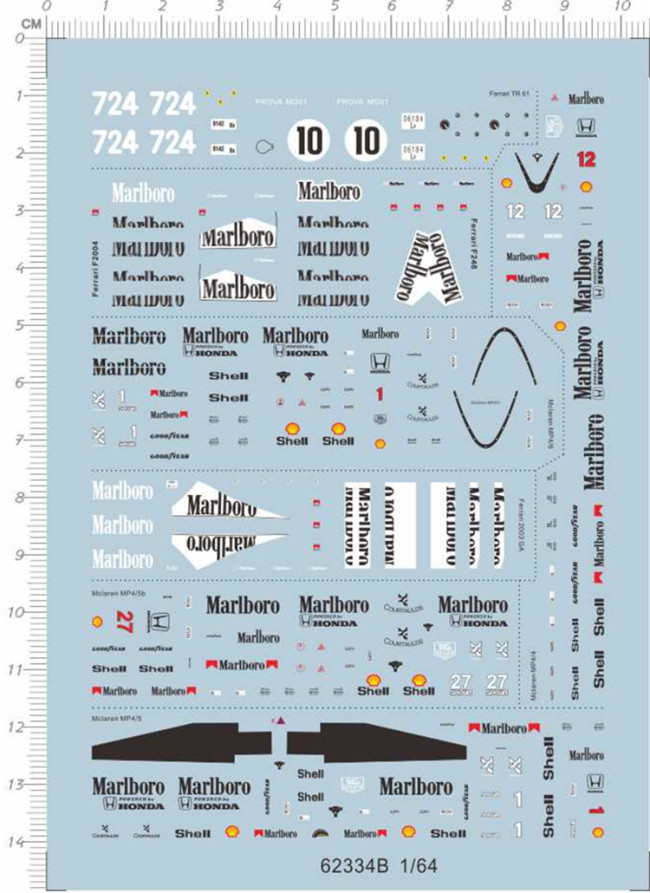 1/64 Scale Water Slide Decal for F1 Ferrari Marlboro Model Kits 62334B