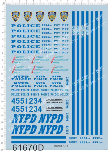 1/18 Scale NYPD Police Water Slide Decal for Car Model Kits 61670D