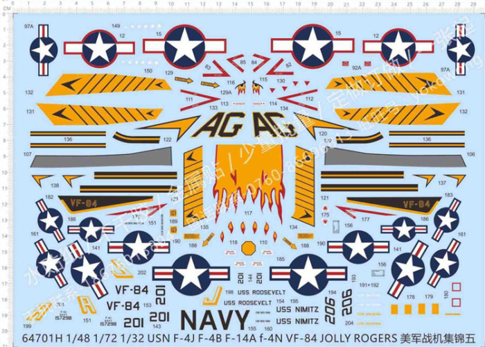 1/32 1/48 1/72 Scale USN F-4J F-4B F-14A F-4N VF-84 Jolly Rogers Fighter Model Water Slide Decal 64701H