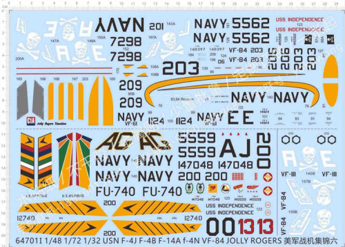 1/32 1/48 1/72 Scale USN F-4J F-4B F-14A F-4N VF-84 Jolly Rogers Fighter Model Water Slide Decal 64701I