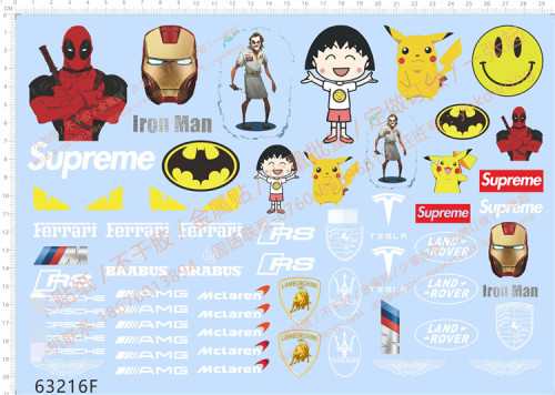 Cartoon Pikachu Pokemon Chibi Maruko-chan Supreme Iron Man Ferrari Porsche Water Slide Decal for Car Model Kit 63216F