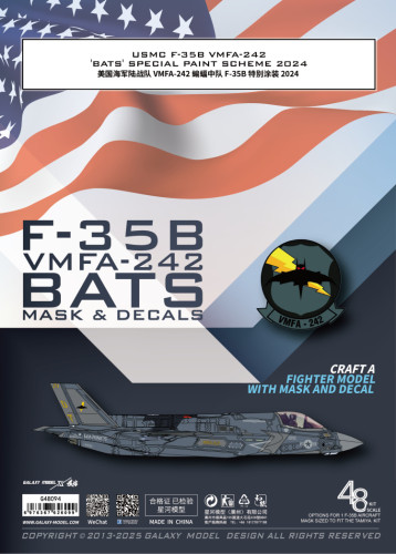 Galaxy G48094 1/48 Scale USMC F-35B VMFA-242 BATS 2024 Flexible Mask & Decal for Tamiya 61125 Model Kit