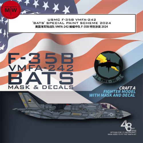 Galaxy G48094 1/48 Scale USMC F-35B VMFA-242 BATS 2024 Flexible Mask & Decal for Tamiya 61125 Model Kit