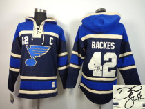 Autographed St Louis Blues -42 David Backes Navy Blue Sawyer Hooded Sweatshirt Stitched NHL Jerseys