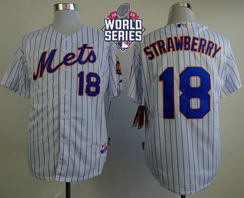 New York Mets -18 Darryl Strawberry White Blue Strip Home Cool Base W 2015 World Series Patch Stitch