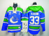 Autographed Vancouver Canucks -33 Henrik Sedin Blue Sawyer Hooded Sweatshirt Stitched NHL Jersey